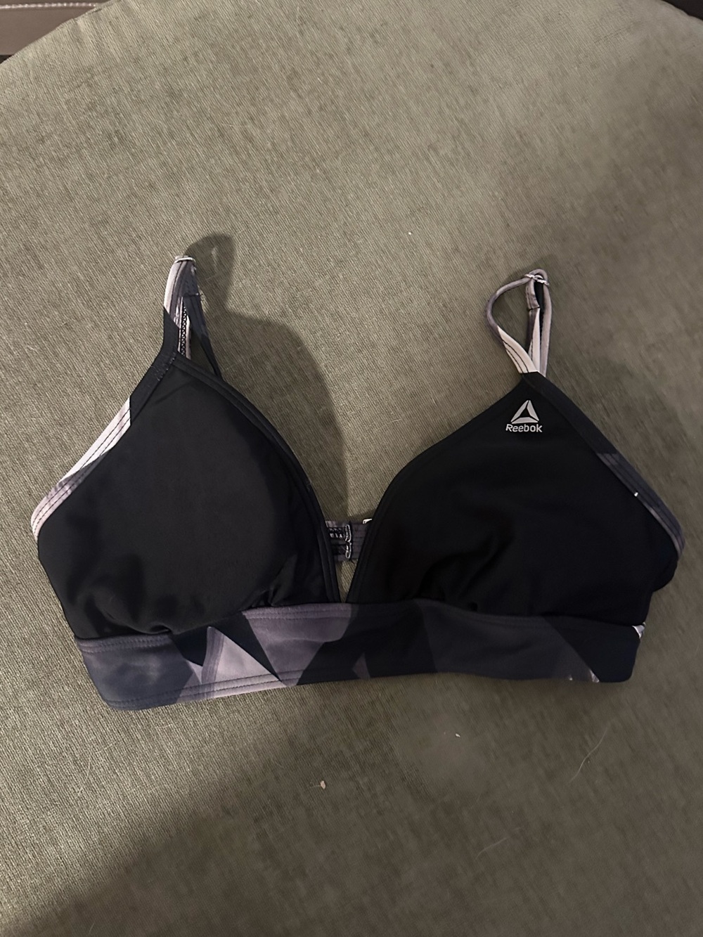 Reebok Black & Gray Geometric-Trim Bikini Top